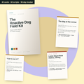 The Reactive Dog Field Kit: the printed cover with three decision cards fanned around it — the corner dog, the loose dog at three metres, and the "Can he say hi?" script.