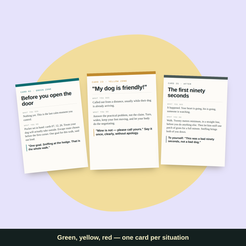 Three decision cards side by side, one from each zone: green for twenty metres and more, yellow for eight to twenty, red for under eight.